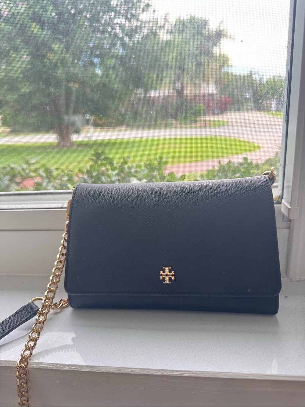 Tory Burch Black Saffiano Leather Crossbody with Gold Chain